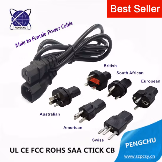 UL/VDE 1M 2M 3M 5M 14 16 18AWG 250V 2.5A 10A 15A 남성-여성 IEC 60320 C5 C7 C13 C14 연장 케이블 영국 EU AU 미국 Schuko 스위스 남아프리카를 포함한 AC 전원 코드